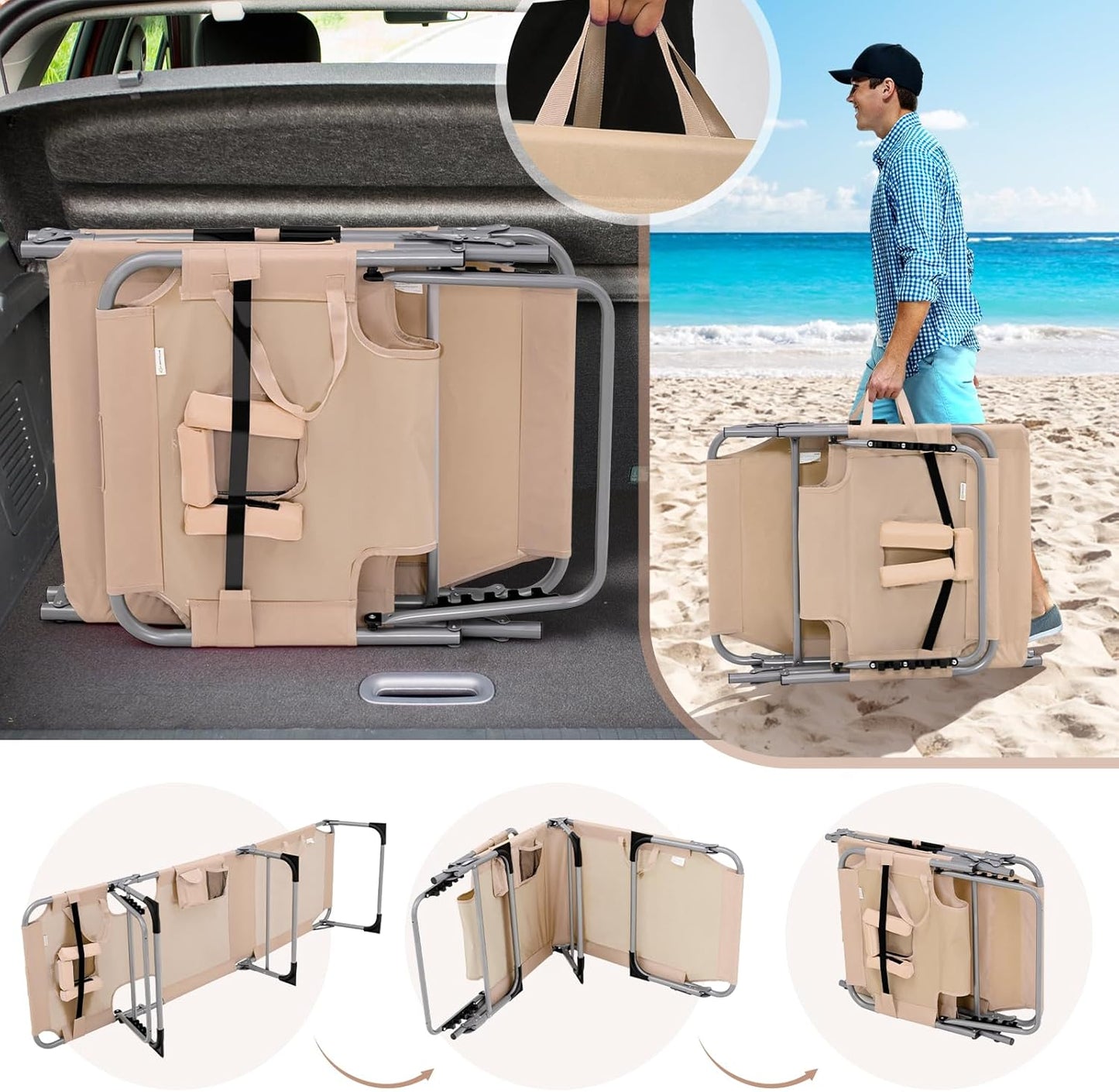 Tanning Chair, 330Lbs Portable Lounge Chair with 5-Position Adjustable Backrest, Face Arm Holes, Side Pocket, Folding Patio Chaise Lounger for Beach, Poolside, Outdoor Sunbathing (1, Beige)
