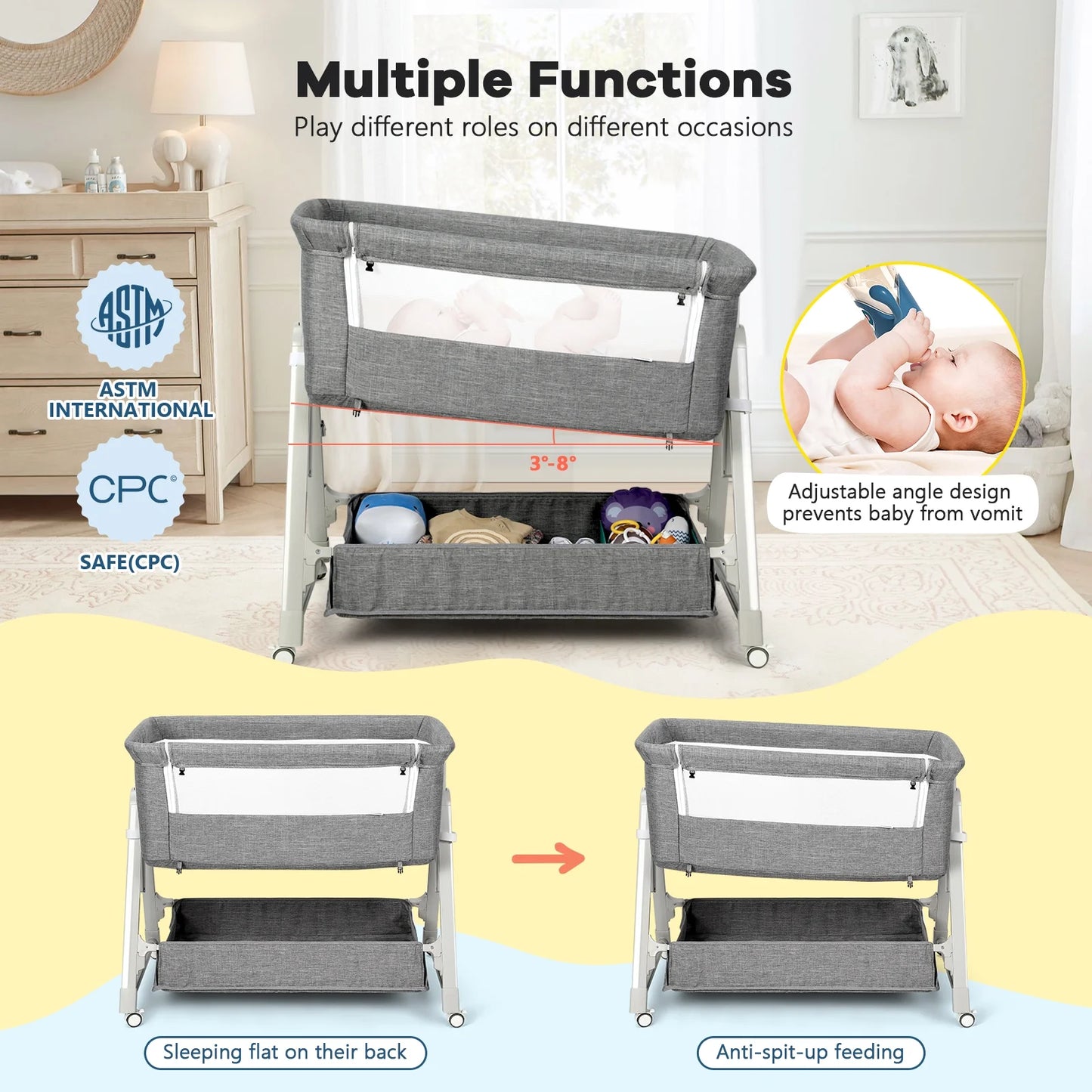 Baby Bassinet Bedside Portable Bassinet W/ Wheels Storage Travel Bag, for 0-6 Months, Gray