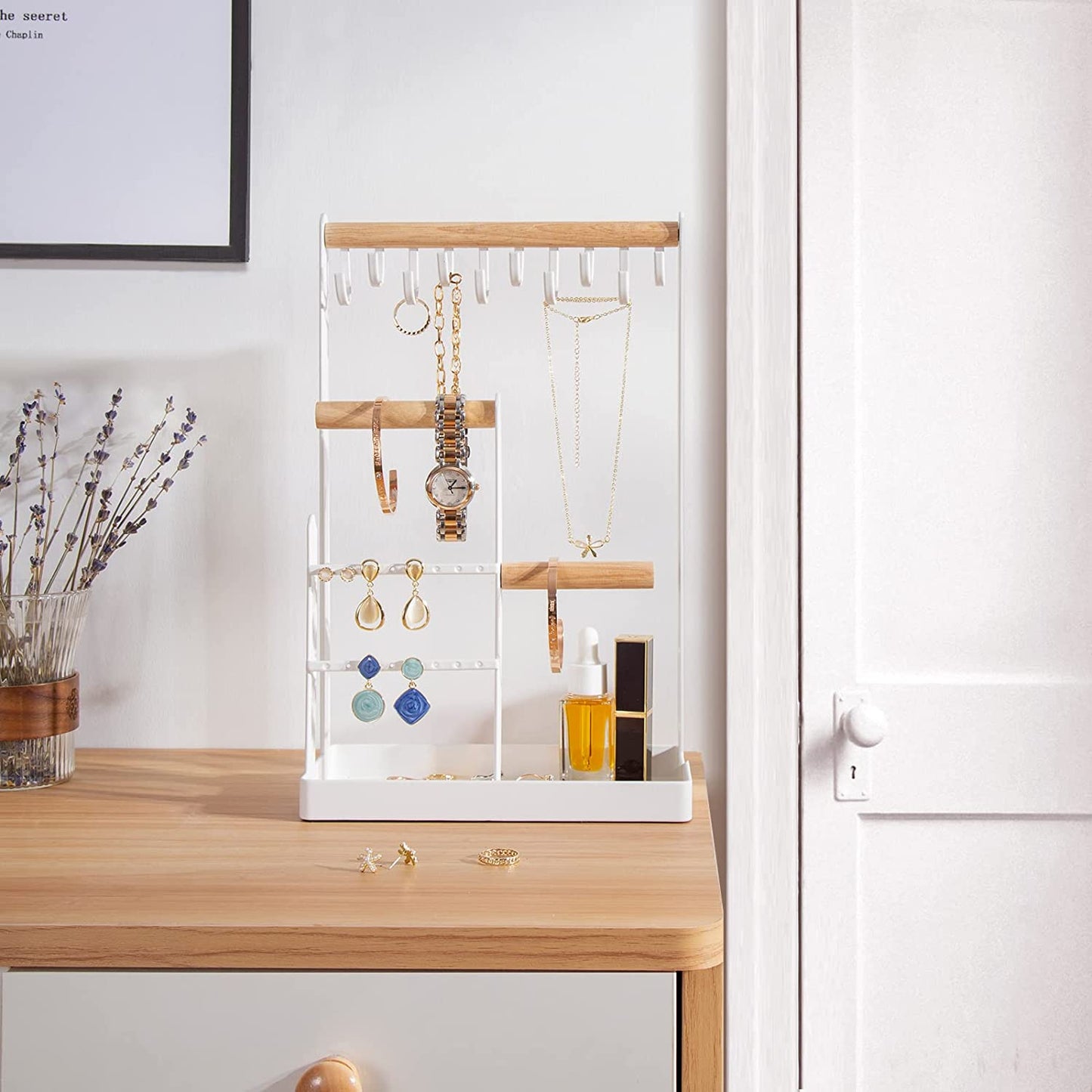 Jewelry Stand Holder Organizer, 4-Tier Necklace Holder with Ring Tray, 10 Hooks Necklaces Hanging Small Jewelry Display Storage Tower Tree for Bracelets Earrings Watches -Medium, White