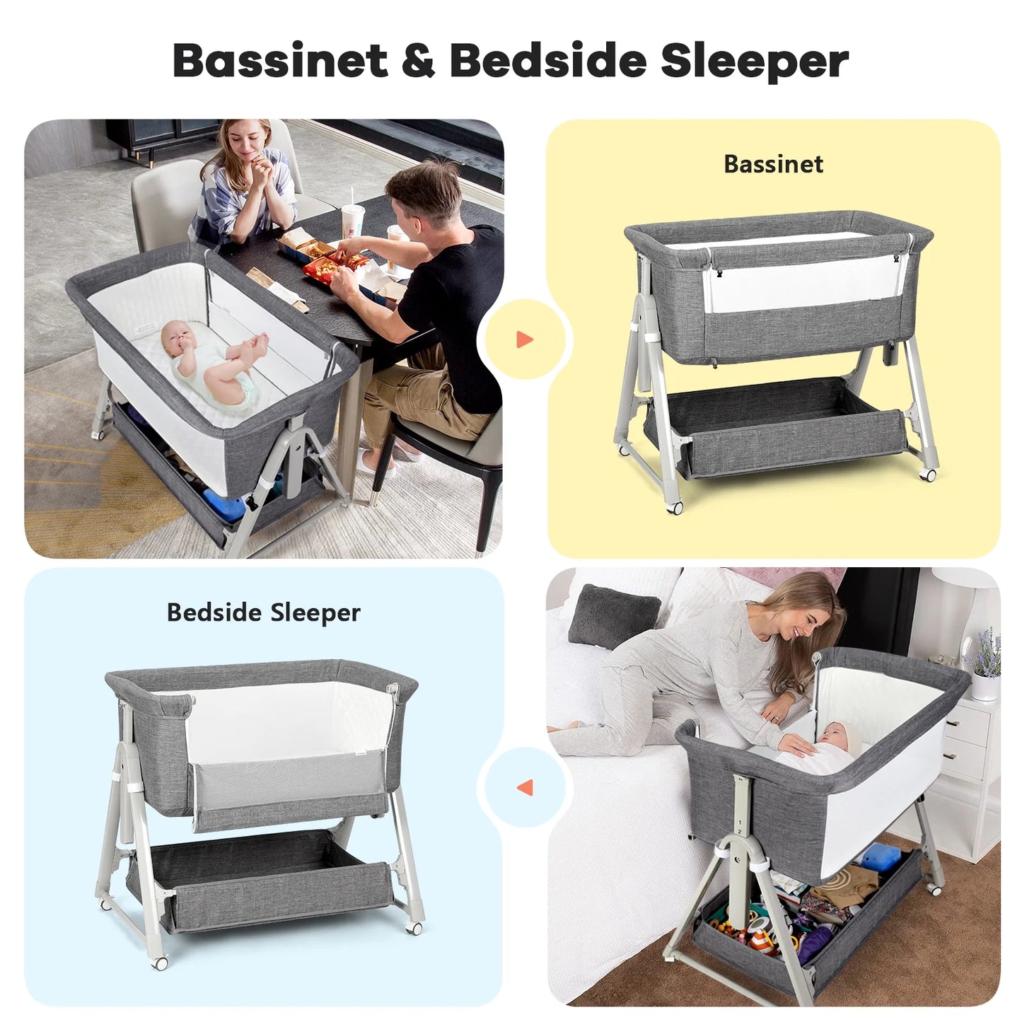 Baby Bassinet Bedside Portable Bassinet W/ Wheels Storage Travel Bag, for 0-6 Months, Gray