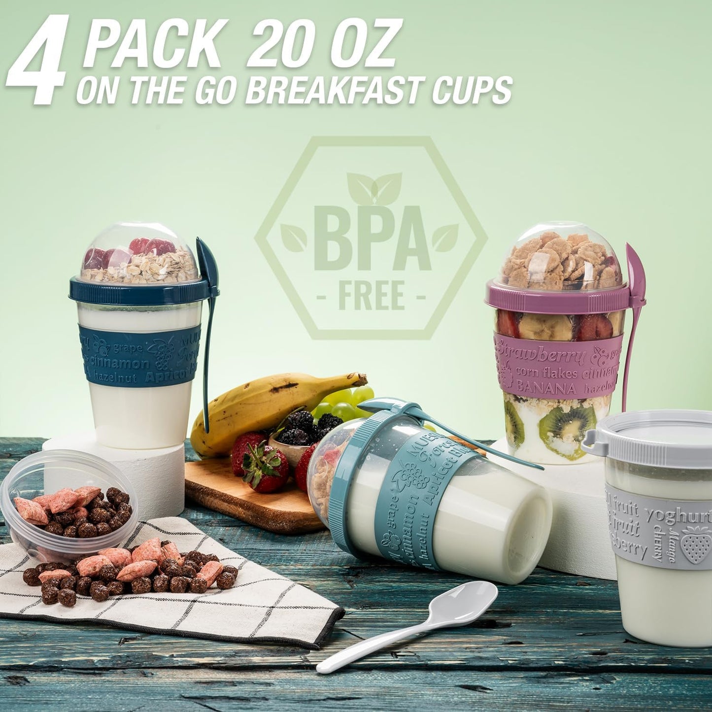 4 Pack Breakfast on the Go Yogurt Parfait Cups, Reusable Plastic Containers with Lids and Spoons, Perfect Jars for Overnight Oats Cereal Granola Oatmeal Smoothies and Snack Prep