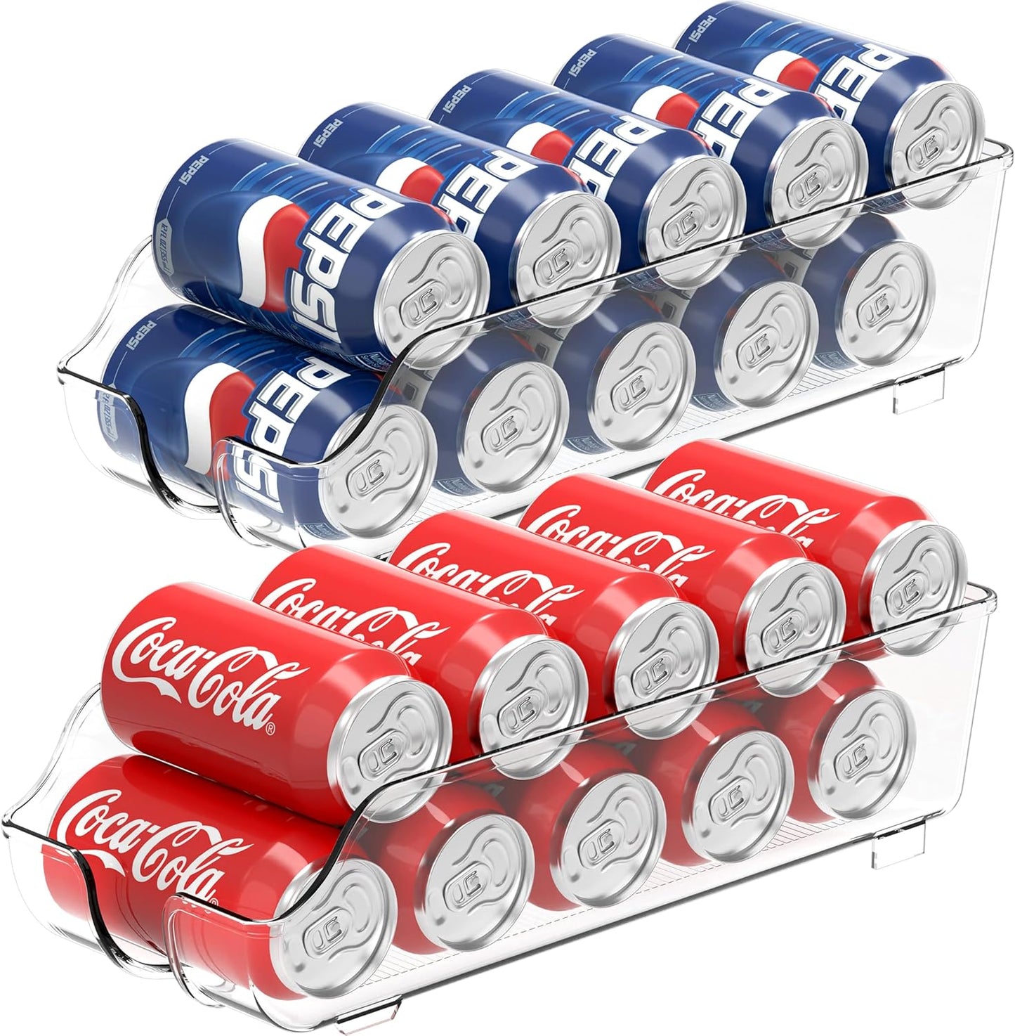 Soda Can Organizer and Dispenser for Refrigerator / Pantry, Clear, Set of 2