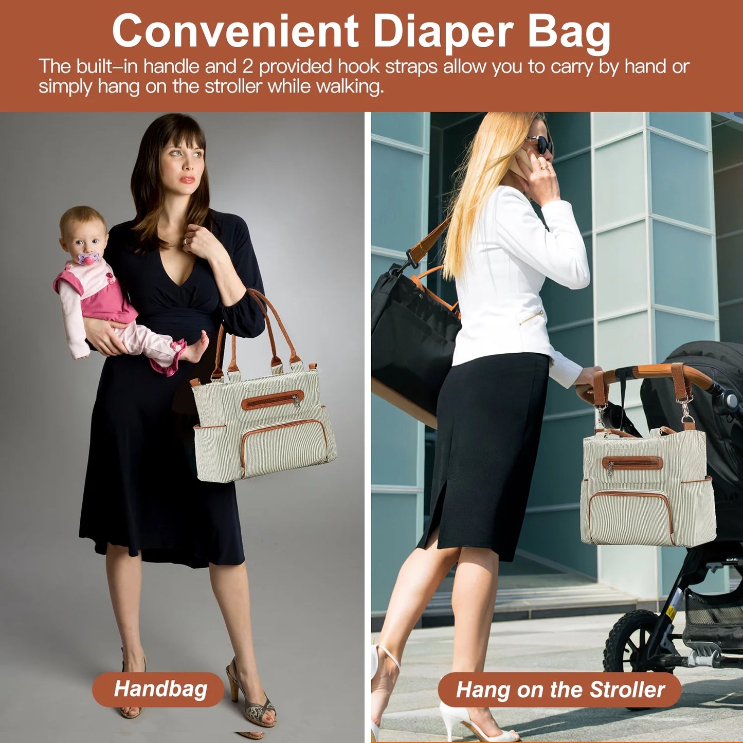 8Pcs Baby Nappy Diaper Bags with Bottle Bag Mesh Bag Purse Diaper Pad 2 Burp Cloths 2 Hook Straps Unisex Travel Diaper Bag for Mom Dad, Khaki