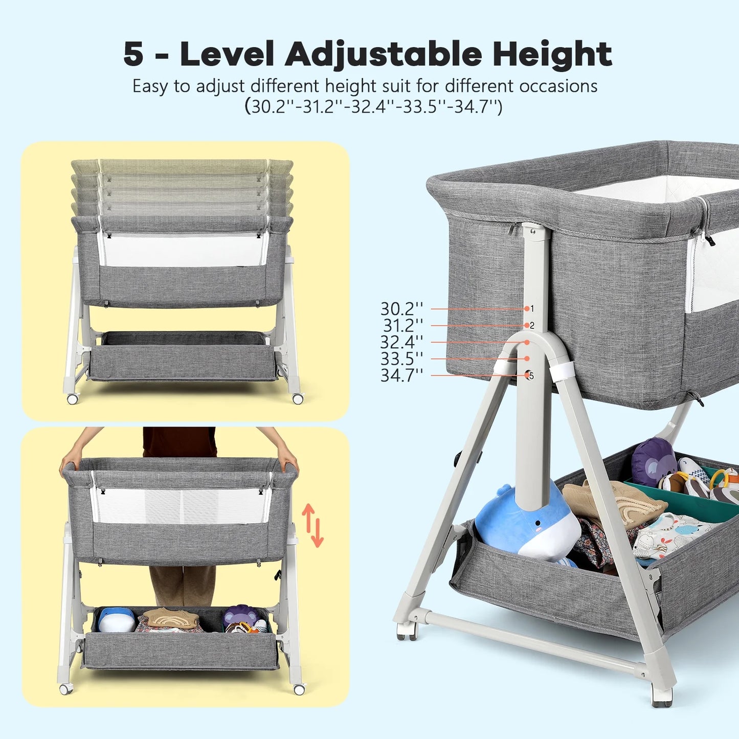 Baby Bassinet Bedside Portable Bassinet W/ Wheels Storage Travel Bag, for 0-6 Months, Gray