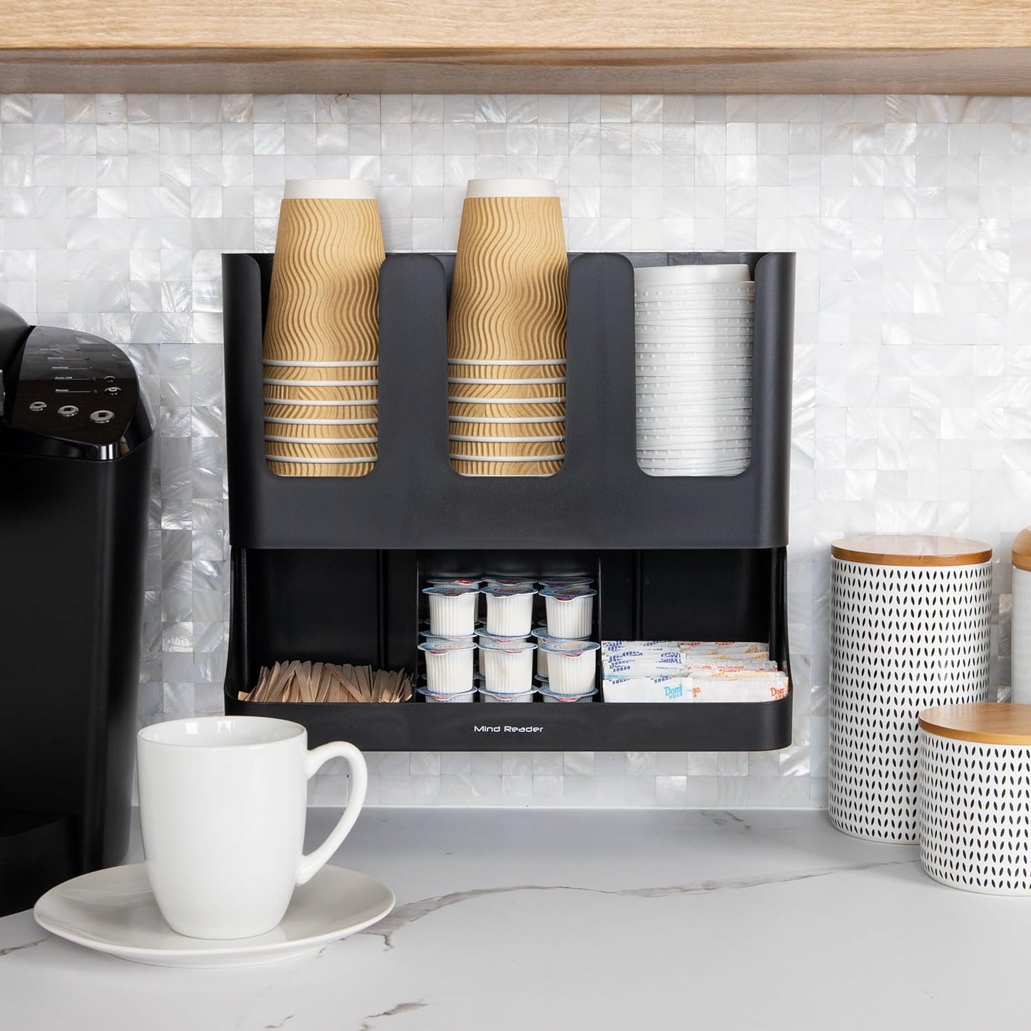 6 Compartment Upright Breakroom Coffee Condiment and Cup Storage Organizer, Black
