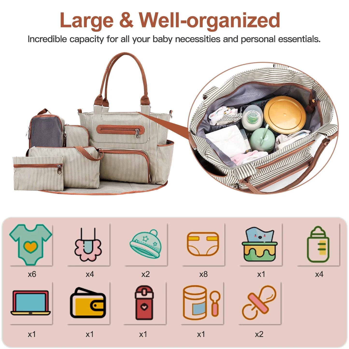 8Pcs Baby Nappy Diaper Bags with Bottle Bag Mesh Bag Purse Diaper Pad 2 Burp Cloths 2 Hook Straps Unisex Travel Diaper Bag for Mom Dad, Khaki