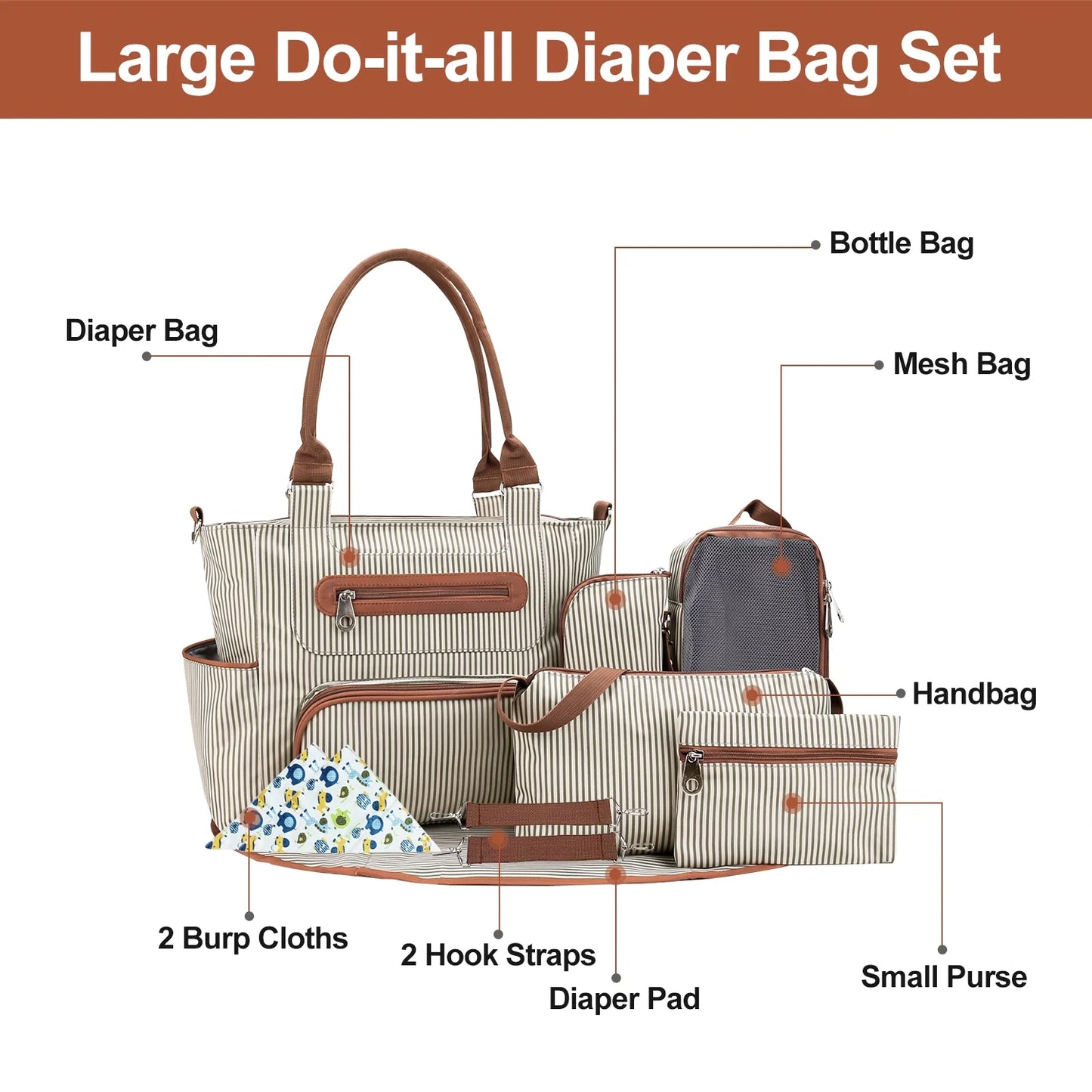 8Pcs Baby Nappy Diaper Bags with Bottle Bag Mesh Bag Purse Diaper Pad 2 Burp Cloths 2 Hook Straps Unisex Travel Diaper Bag for Mom Dad, Khaki
