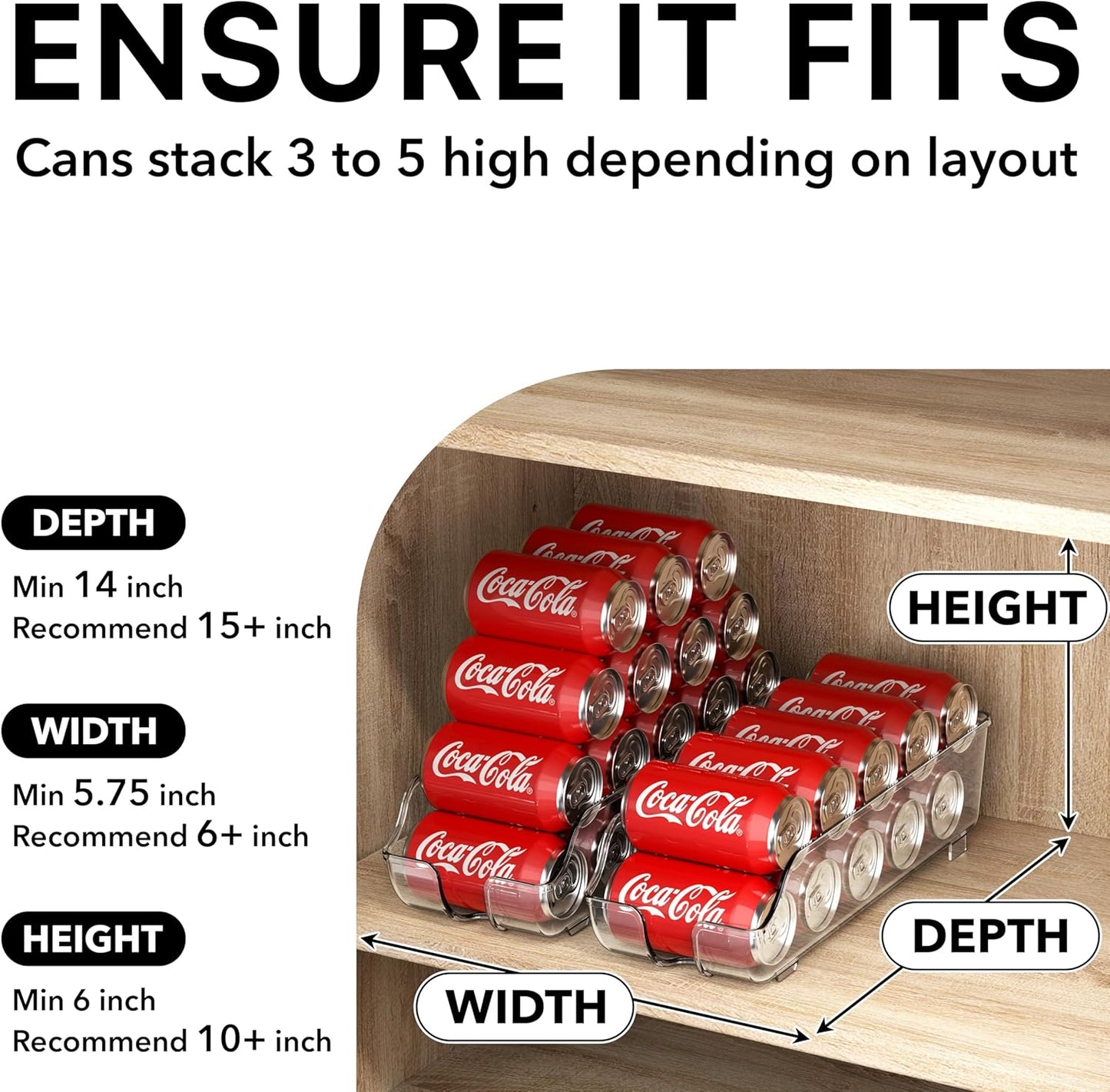 Soda Can Organizer and Dispenser for Refrigerator / Pantry, Clear, Set of 2