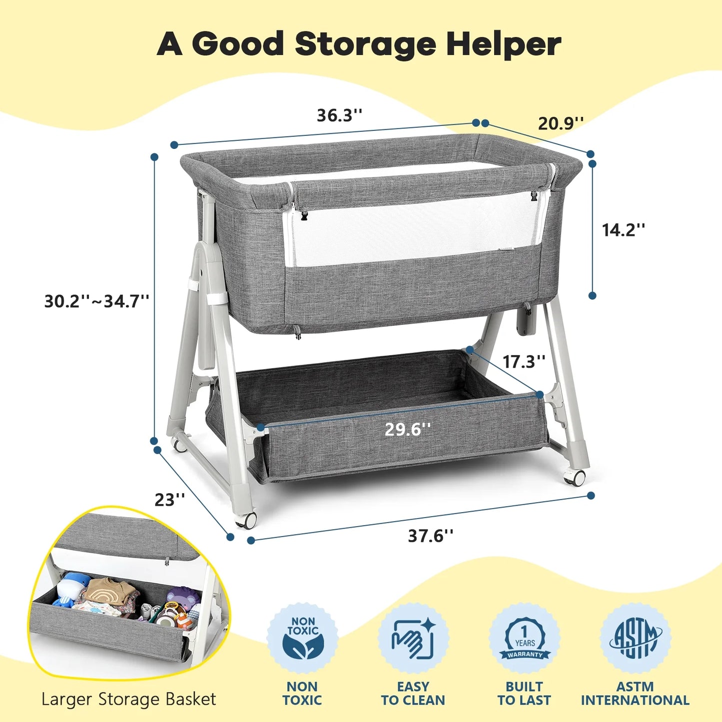 Baby Bassinet Bedside Portable Bassinet W/ Wheels Storage Travel Bag, for 0-6 Months, Gray