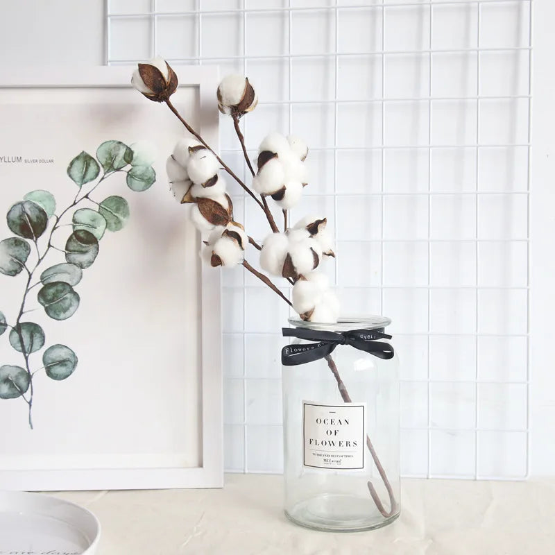 Artificial Dried Cotton Flowers White Flower Branch For Wedding Party Decoration Fake Flower Home Flower Decor Eucalyptus Leaves