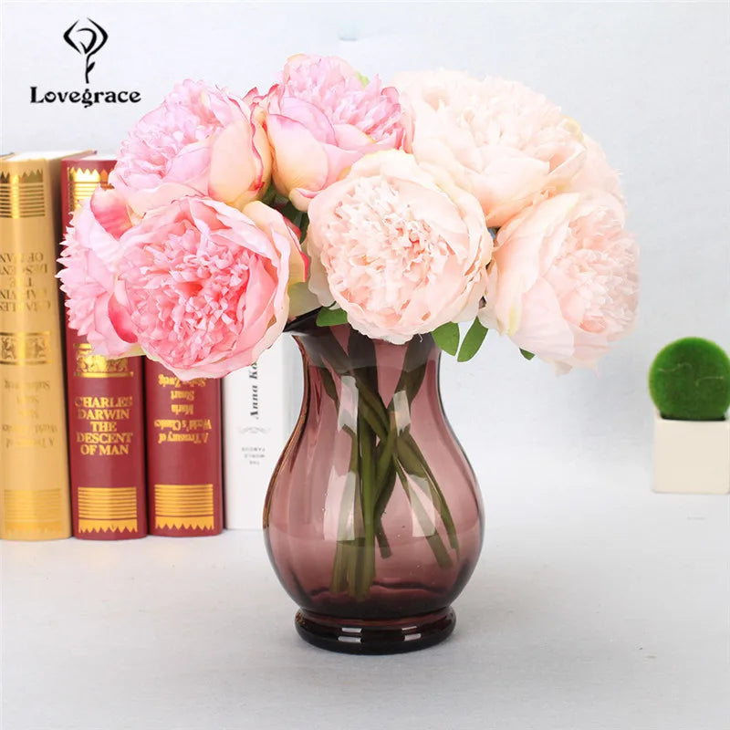 Fake Peonies Artificial Flowers Bouquet White Fake Peony Bridal Boquet Home Wedding Party Decor 5 Heads Silk Flore Peony Bouquet