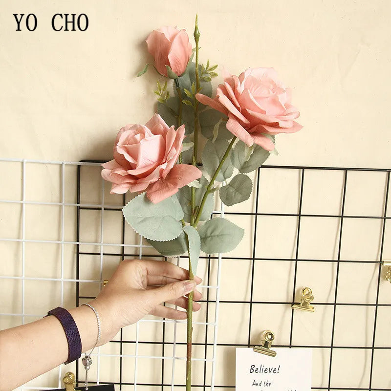 YO CHO Artificial Jasmine Snow Roses Branch Fake Silk Roses Flowers for Wedding Decoration Table Marriage Big Rose Flower Heads