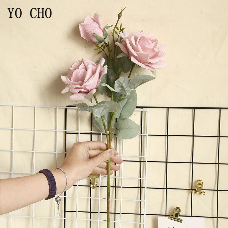 YO CHO Artificial Jasmine Snow Roses Branch Fake Silk Roses Flowers for Wedding Decoration Table Marriage Big Rose Flower Heads