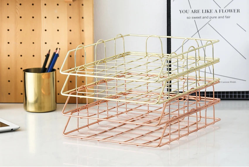 Metal Stackable Paper Tray Desk Organizer Rose Gold Metal Letter Trays for File Paper Organizer Desk Organizer For Office