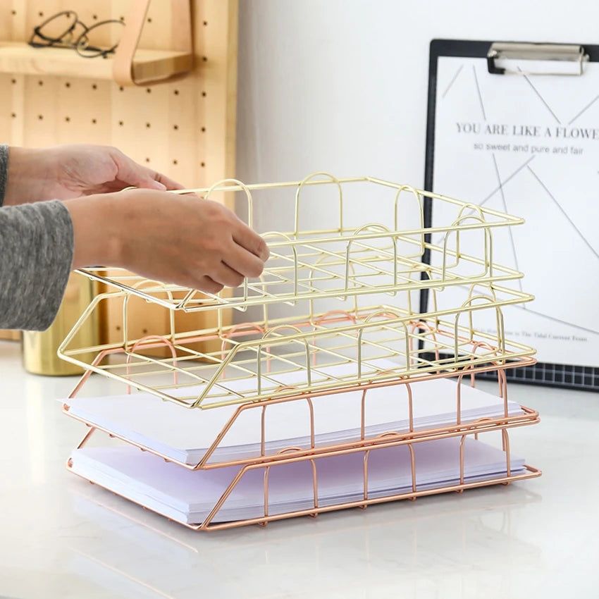 Metal Stackable Paper Tray Desk Organizer Rose Gold Metal Letter Trays for File Paper Organizer Desk Organizer For Office