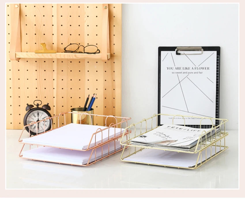 Metal Stackable Paper Tray Desk Organizer Rose Gold Metal Letter Trays for File Paper Organizer Desk Organizer For Office