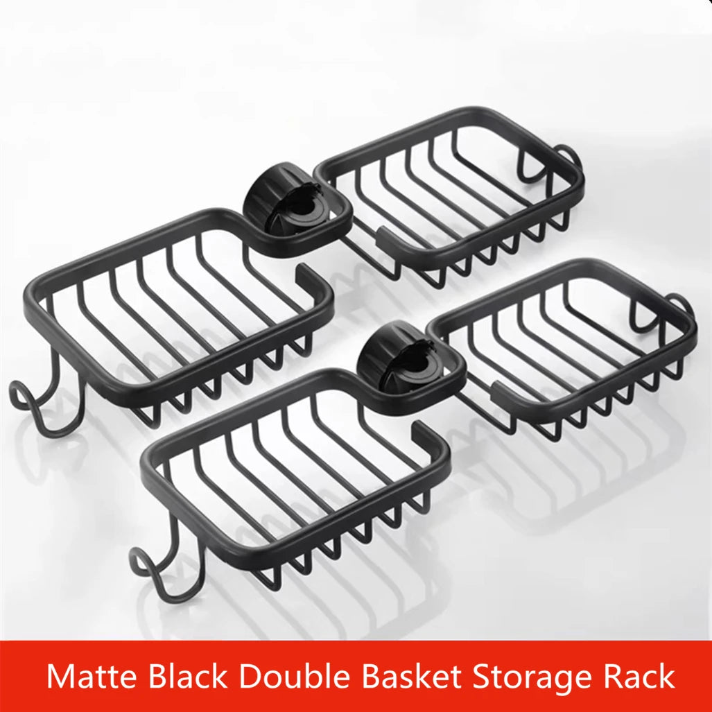 Bathroom Shower Holder Matte Black Household Aluminum Nail-Free Dishcloth Sponge Dual Drain Basket Kitchen Faucet Storage Rack