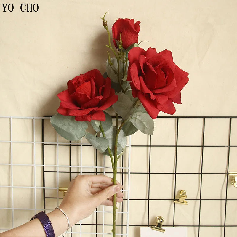 YO CHO Artificial Jasmine Snow Roses Branch Fake Silk Roses Flowers for Wedding Decoration Table Marriage Big Rose Flower Heads