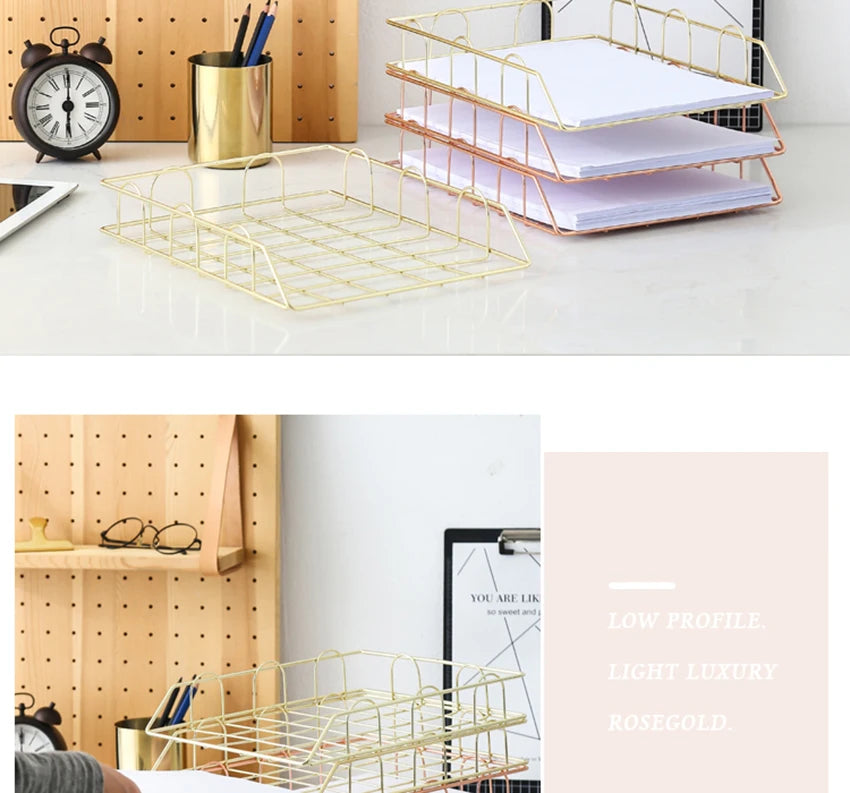 Metal Stackable Paper Tray Desk Organizer Rose Gold Metal Letter Trays for File Paper Organizer Desk Organizer For Office