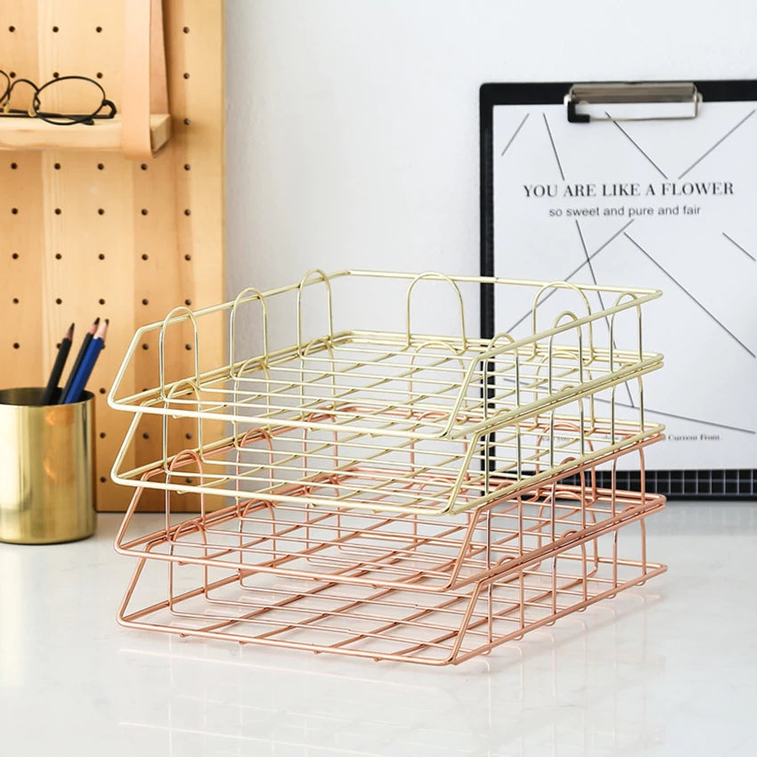 Metal Stackable Paper Tray Desk Organizer Rose Gold Metal Letter Trays for File Paper Organizer Desk Organizer For Office