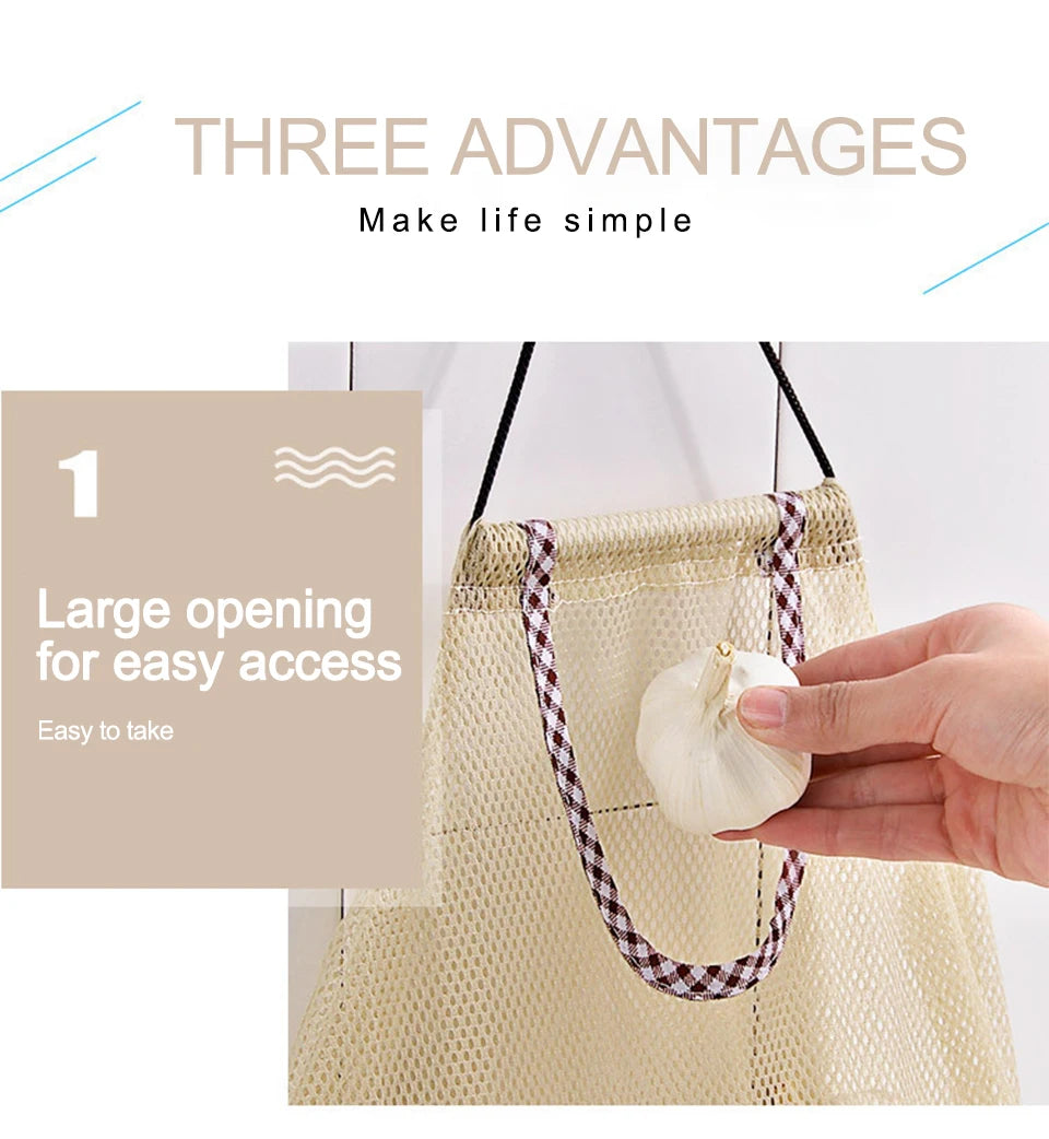 Hanging Meh Bag Reusable Storage Pocket Kitchen Potato Garlic Onion Ginger Vegetable Breathable Sorting Bag Kitchen Organiser.