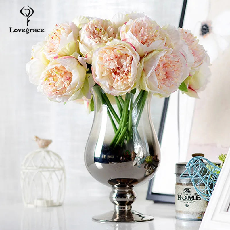 Fake Peonies Artificial Flowers Bouquet White Fake Peony Bridal Boquet Home Wedding Party Decor 5 Heads Silk Flore Peony Bouquet