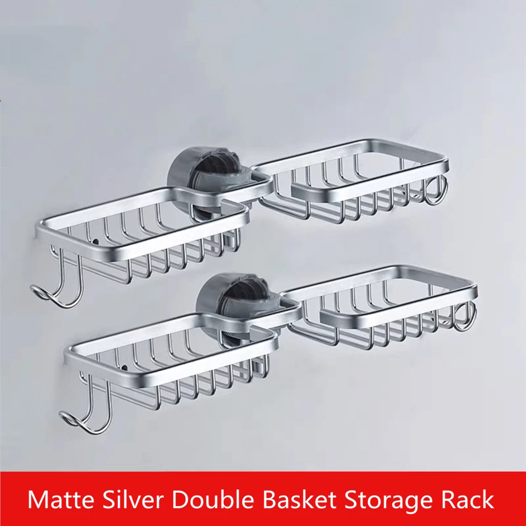 Bathroom Shower Holder Matte Black Household Aluminum Nail-Free Dishcloth Sponge Dual Drain Basket Kitchen Faucet Storage Rack