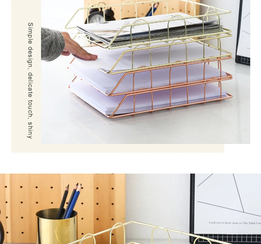 Metal Stackable Paper Tray Desk Organizer Rose Gold Metal Letter Trays for File Paper Organizer Desk Organizer For Office