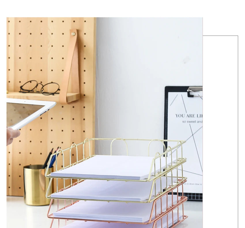 Metal Stackable Paper Tray Desk Organizer Rose Gold Metal Letter Trays for File Paper Organizer Desk Organizer For Office