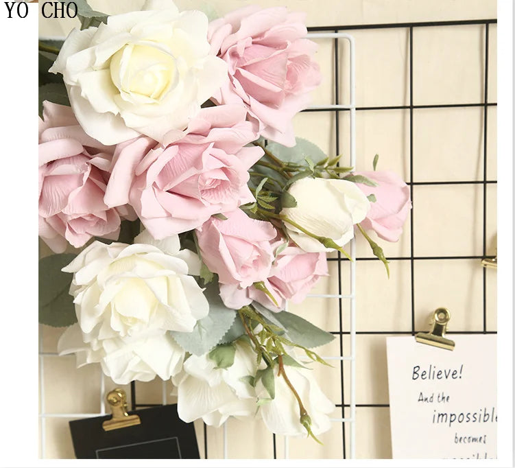 YO CHO Artificial Jasmine Snow Roses Branch Fake Silk Roses Flowers for Wedding Decoration Table Marriage Big Rose Flower Heads