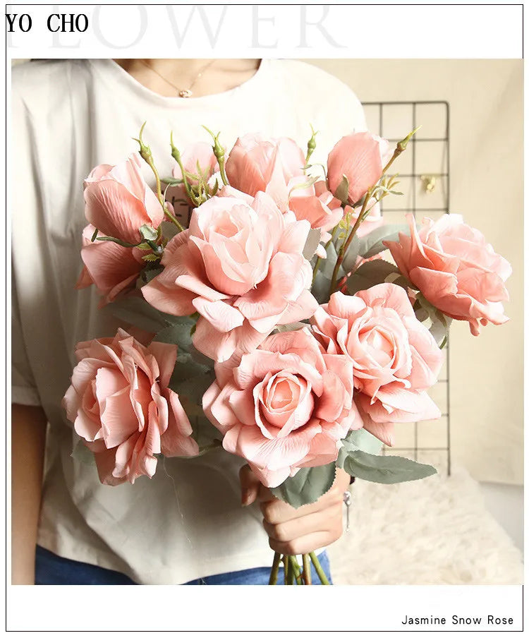 YO CHO Artificial Jasmine Snow Roses Branch Fake Silk Roses Flowers for Wedding Decoration Table Marriage Big Rose Flower Heads