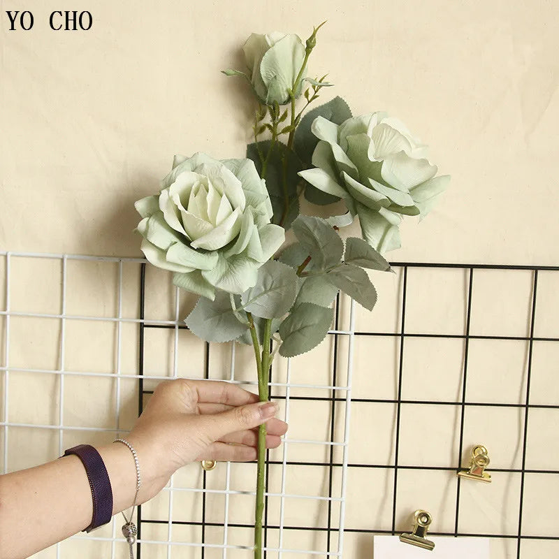 YO CHO Artificial Jasmine Snow Roses Branch Fake Silk Roses Flowers for Wedding Decoration Table Marriage Big Rose Flower Heads