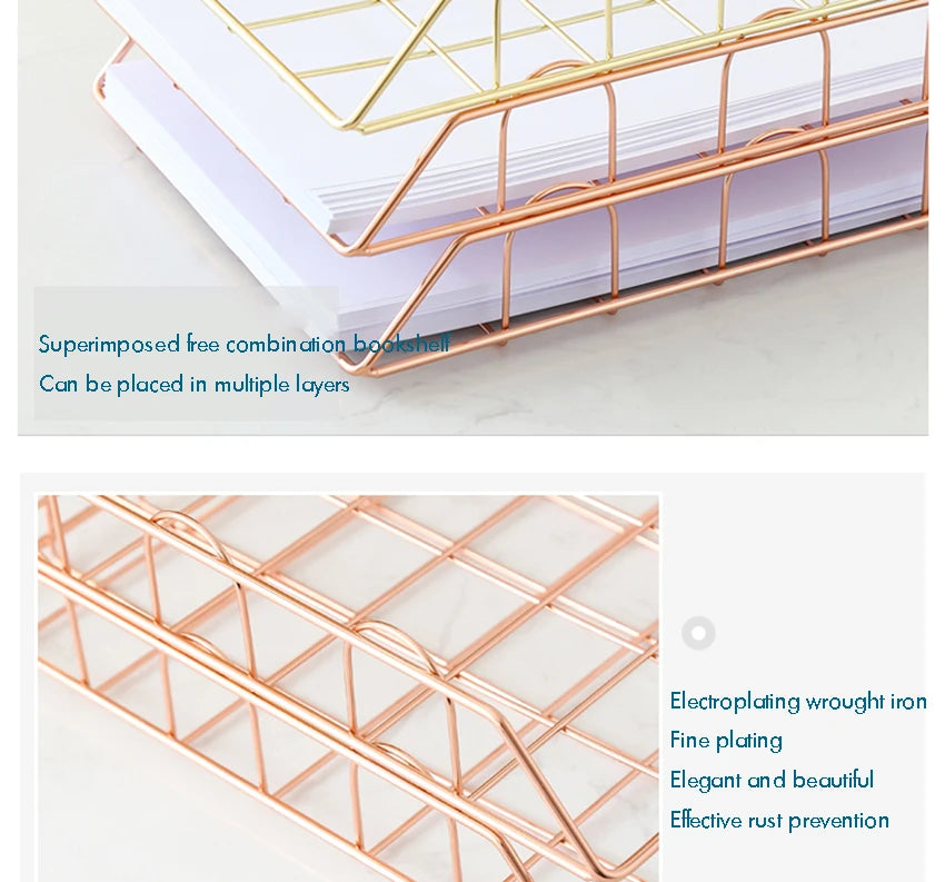 Metal Stackable Paper Tray Desk Organizer Rose Gold Metal Letter Trays for File Paper Organizer Desk Organizer For Office