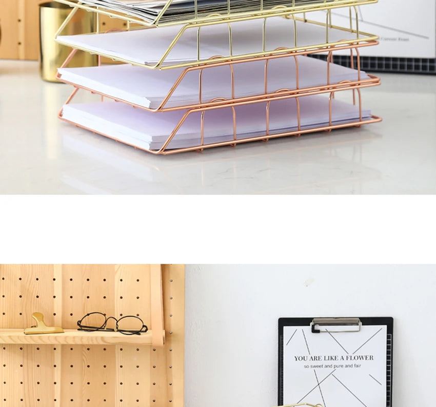 Metal Stackable Paper Tray Desk Organizer Rose Gold Metal Letter Trays for File Paper Organizer Desk Organizer For Office