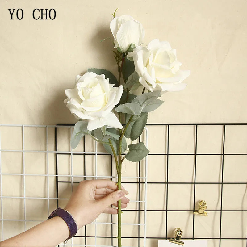 YO CHO Artificial Jasmine Snow Roses Branch Fake Silk Roses Flowers for Wedding Decoration Table Marriage Big Rose Flower Heads