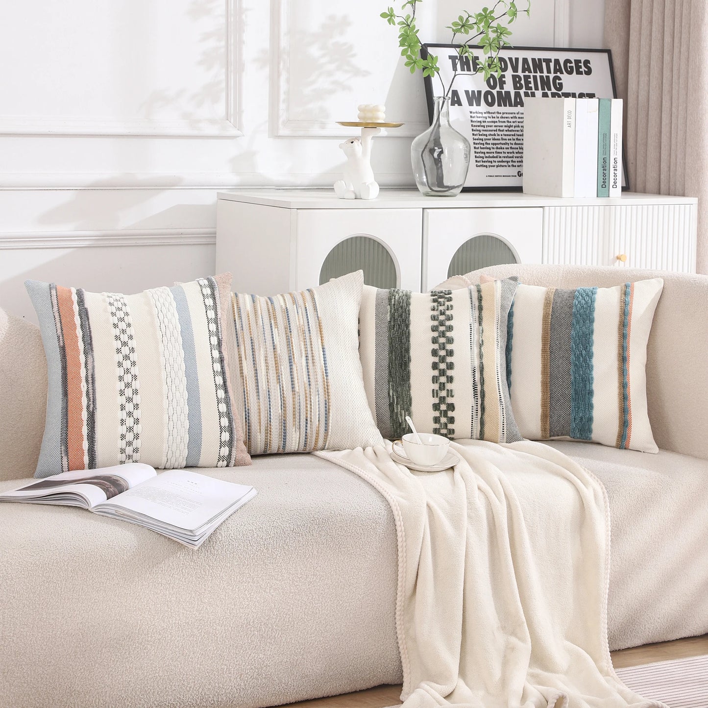 1 Pc Boho Throw Pillow Covers 18x18 Inch Striped Cousion Cover Decorative Chenille Pillowcases Square Cushion Covers