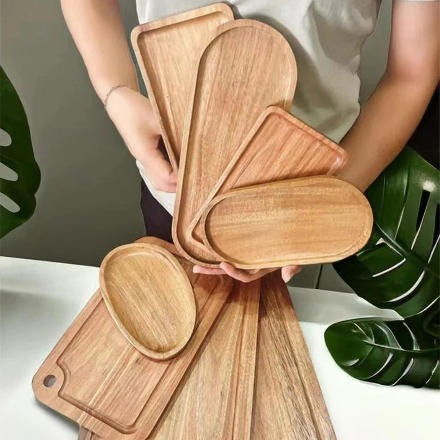 Tableware Solid Wood Food Tray Round Rectangle Dessert Plate Japanese-style Wooden Snack Fruit Tea Saucer Pallet Kitchen Supply