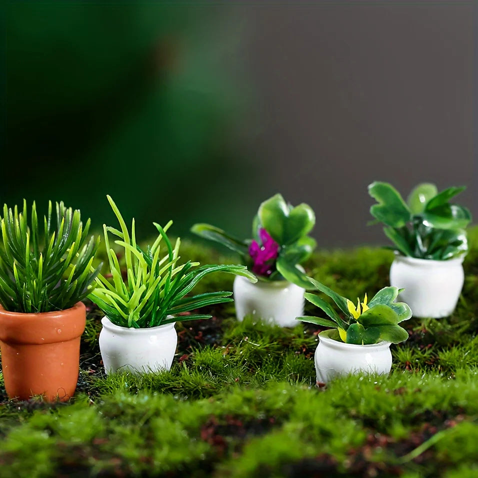 5pcs/set Artificial Mini Potted Plants, Tiny Miniature Fake Flower Pot Simulation Bonsai Decorative Grass Greenery in Pots For m