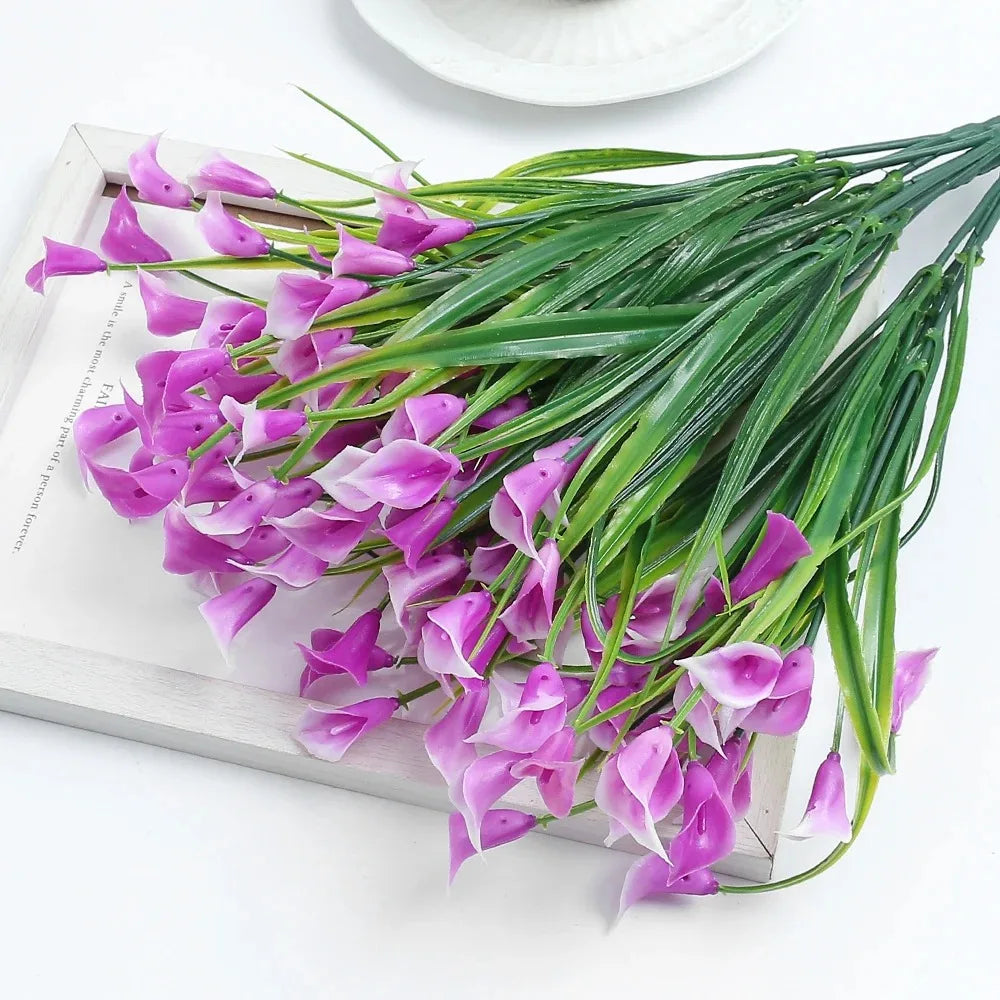 1 Bundles Calla Lily Artificial Flowers for Outdoors Fake Plants Faux Plastic Fake Flower for Indoor Planter Home Cemetery Decor