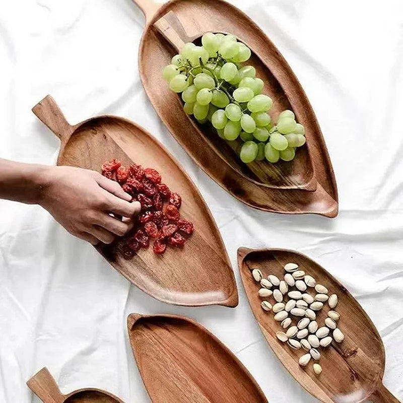 Japanese Style High Aesthetic Wooden Leaf Shaped Afternoon Tea Snack Tray, Western Food Sushi Tray Dessert Fruits Dining Plate