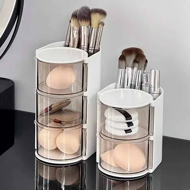Rotating Cosmetic Storage Box Makeup Powder Puff Shelf Holder Dustproof Desktop Remover Cotton Brush Storage Rack Organizer