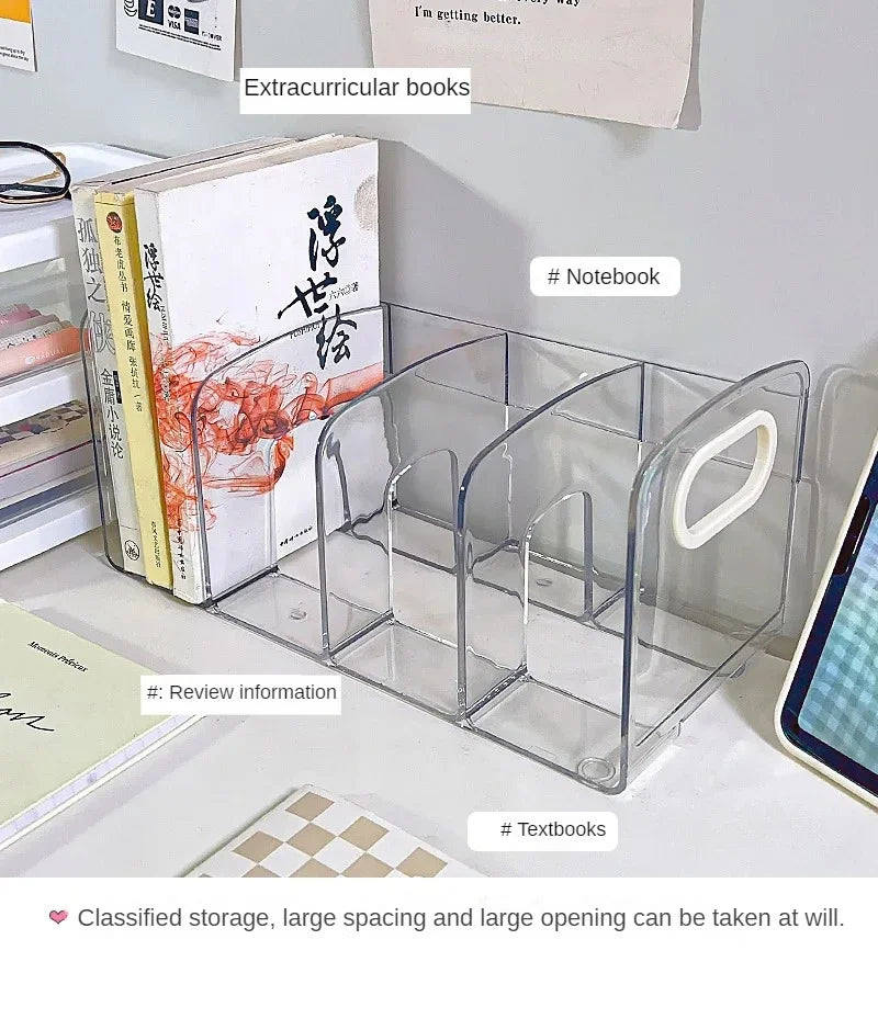Convenient Clear Acrylic Bookends with Handle Desk Organizer Divided Book Stand Desktop Sorting Rack Study Supplies