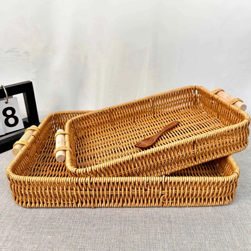 Multi-size Handwoven Rattan Storage Tray Round Wicker Basket Serving Tray With Wooden Handle Bread Food Plate Fruit Cake Platter