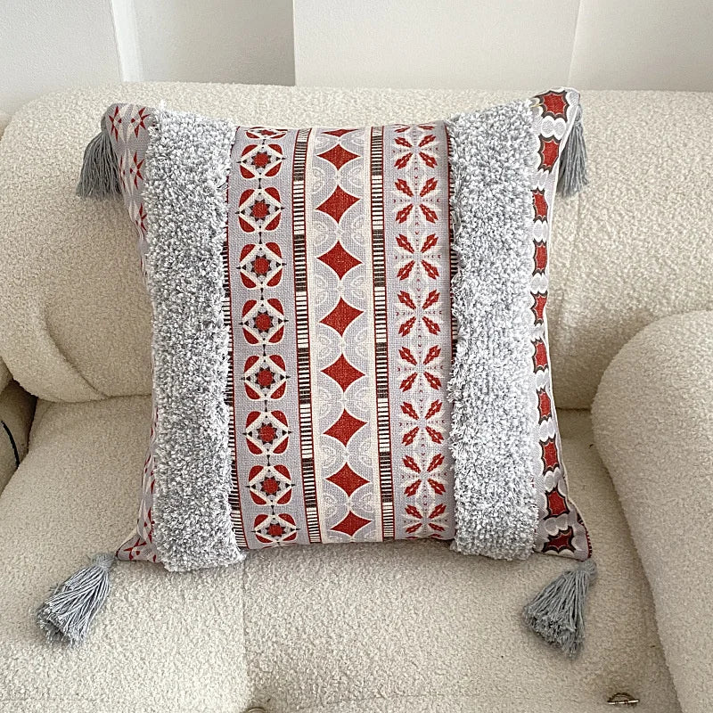 Boho Tufted Throw Pillow Cover with Handwoven Stripes Tribal Bohemian Cotton Hand Woven Tufted Square Cushion Covers JAF076