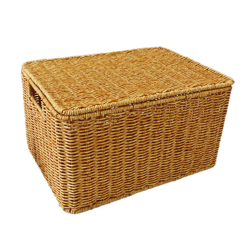 Closet Storage Basket Rattan Woven Organizer Box for Clothes Storage Bin with Lid Home Wardrobe Bedroom Shelf Use