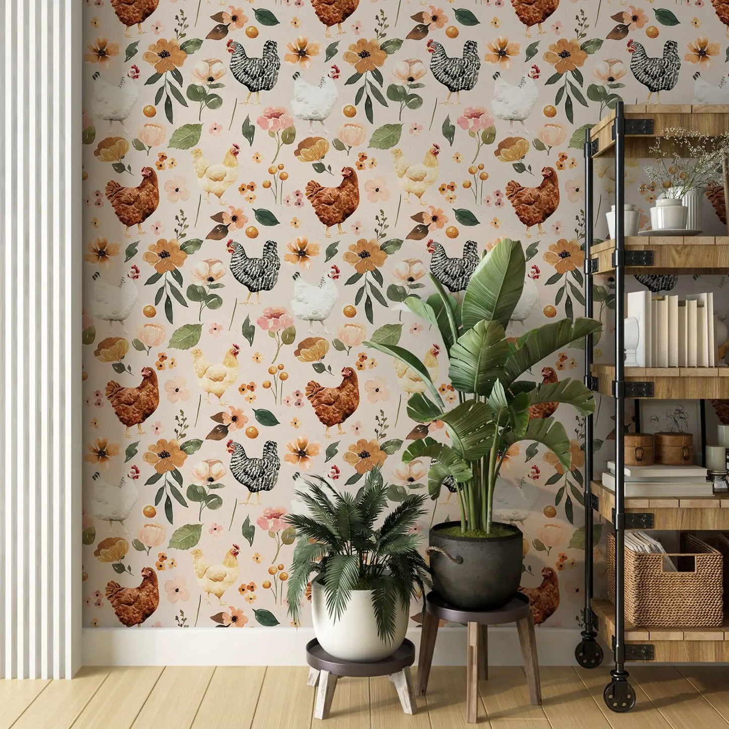 Farmhouse Wallpaper - Watercolor Chicken Floral Wallpaper - Painted Hens Chickens Peel and Stick Wallpaper,Removable Wallpaper