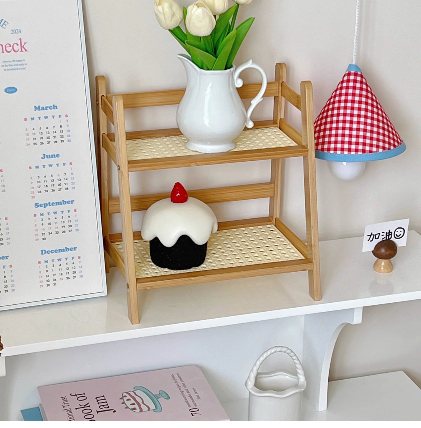 Wooden Storage Shelf 2-Tier Rattan Desktop Stand Organizer Trapezoidal Desk Display Rack Desktop Stationary Office Storage Rack