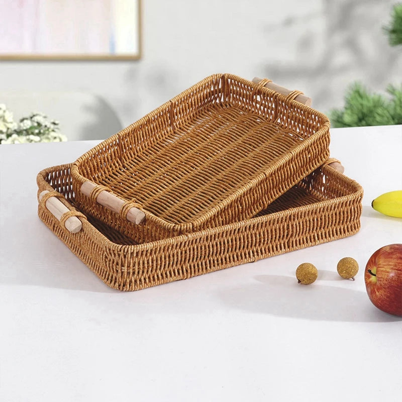 Multi-size Handwoven Rattan Storage Tray Round Wicker Basket Serving Tray With Wooden Handle Bread Food Plate Fruit Cake Platter
