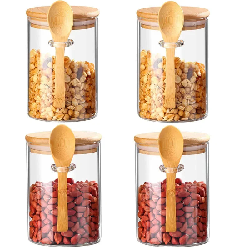Bamboo Lid with Spoon Sealed Jar Household Glass Storage Jar Tea Jar Coffee Bean Storage Jar Seasoning Jar Milk Powder Jar