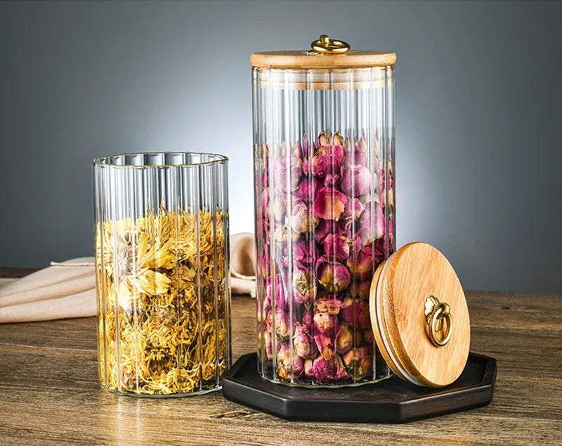 Glass Food Jar with Sealed Bamboo Lid Kitchen Pantry Grains Cookie Coffee Tea Candy Snack Storage Bottle Jars Kitchen Canister